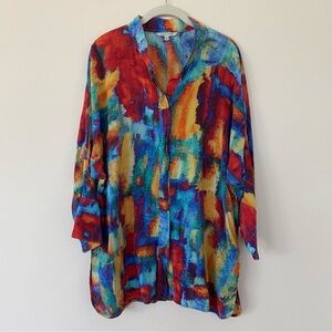 John Mark Silk Blouse Large Abstract Multicolor Brushstroke Print Rainbow Artsy